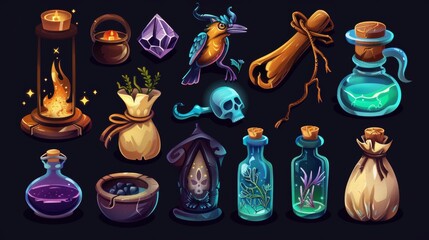Wall Mural - Icons for a wizard game design or for a Halloween theme. Magic witch staff - a spiritual voodoo doll and a bird skull with a gem stone, prayers and herbs, and potions in wooden spoons and glass