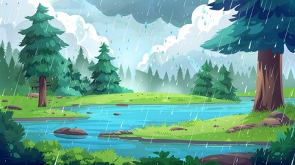 Wall Mural - A cartoon rainy landscape with a lake or river in the forest on a bad day. Modern illustration with blue water in a pond, green grass, pine trees, cloudy sky with rain.