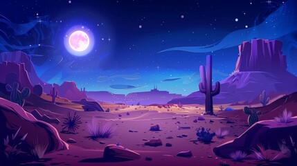 Wall Mural - Cartoon illustration of sand dunes in the desert at night. Modern cartoon illustration of midnight western scenery with bright stars glistening in darkness.