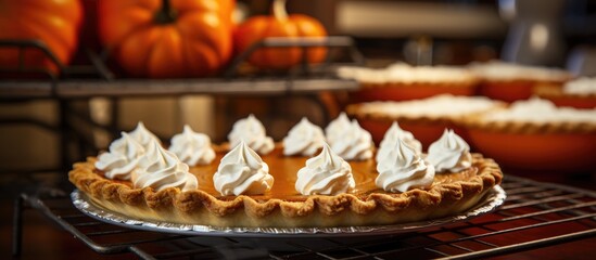 Wall Mural - A pumpkin pie with whipped cream on top sits on a wooden table. The orange calabaza dish is a delicious natural foods recipe for any event