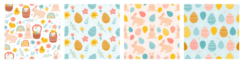 Canvas Print - happy easter. vector seamless pattern set. rabbit, easter eggs, flowers and chickens