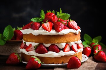 Wall Mural - Focused summer cake with cream cheese fresh strawberries