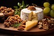 Cheese and walnuts on a wooden board shown close up