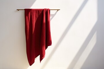 Poster - A crimson towel hanging on a hook juxtaposed against a pristine white wall