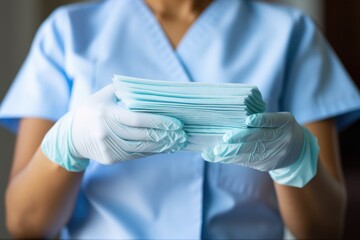 A female doctor or nurse at a hospital is shown in close up drying her hands with a paper tissue emphasizing the importance of hygiene healthcare and safety measures