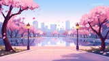 Fototapeta Natura - Spring cartoon illustration of Japanese cherry trees in a city park with pond and pink flowers. Stone pavement, lamps, and a Japanese cherry tree in a city park with pond and pink blossoms.