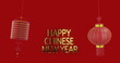 Image of happy chinese new year ext over lanterns and chinese pattern on red background