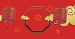 Image of lanterns and chinese pattern with copy space on red background