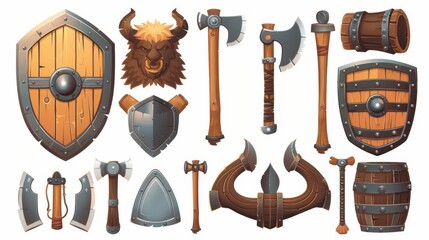 Wall Mural - Cartoon modern illustration set of Viking tools and weapons - shield and axe, helmet with horns, beer horn, axe head, and shield as well as ancient celtic fighter props. Viking tools and weapons game