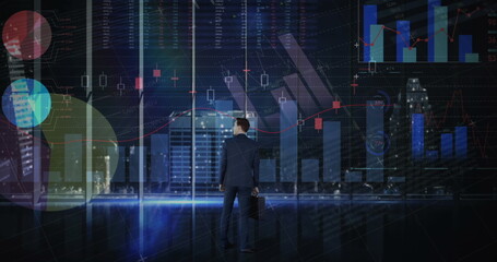 Poster - Image of statistics and financial data processing over businessman in office