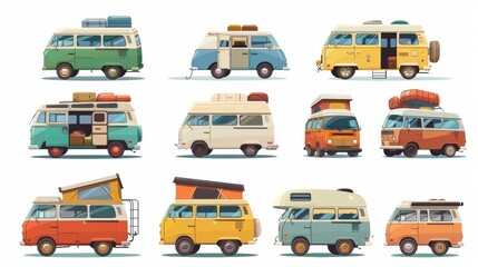 Wall Mural - Caravan with baggage on top and open door. Cartoon modern set of caravan and motorhome for vacation. Vintage rv on trailer.