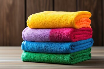 Wall Mural - A stack of towels in a variety of vibrant rainbow colors set apart from other items