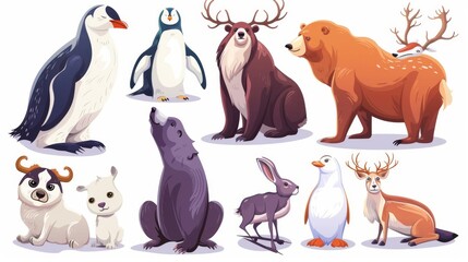 Wall Mural - A collection of wild animals isolated on white background, including a penguin, an arctic bear, a walrus, reindeer, and a hare, for zoo design or environment graphics.