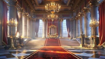 Wall Mural - Hall of the castle with golden throne on pedestal, red carpet, wall curtain decoration, hanging flags and stone columns, chandelier on ceiling, large windows and candles on pedestal.