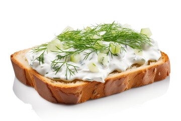 Wall Mural - Toasted bread with cream cheese and dill on white background