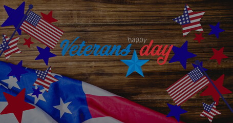 Sticker - Image of veterans day text over wooden table and american flag