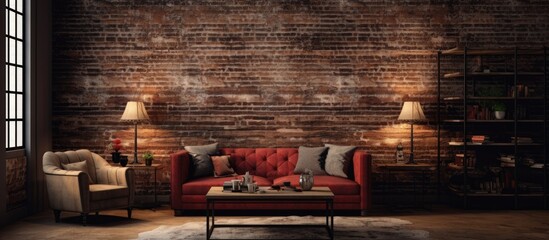 Sticker - A room with a red couch against a brick wall, creating a cozy and inviting atmosphere with a touch of rustic charm