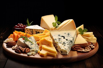 Wall Mural - assorted cheeses displayed on wooden surface