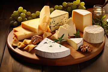Wall Mural - Assorted cheeses on wooden board