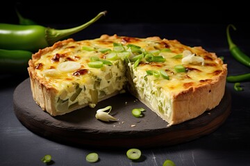 Canvas Print - Leek and cheese quiche on a gray background