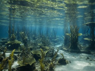 Blue carbon sinks. Natural carbon sinks capture emissions. Underwater plant role in carbon sequestration. Kelp forest and seagrass meadow. Underwater forest carbon dioxide capture.