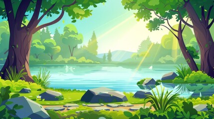 Wall Mural - On a sunny day, a lake or river, stones and trees on the shore, and rays of sunlight illuminate a summer forest landscape. Cartoon modern illustration of water in a pond or stream, green grass and