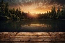 Background Of A Wooden Board Reflecting The Last Rays Of The Sun Over A Serene Lake Nestled In A Forest.