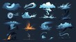 Cartoon collection of tornado cartoons, whirlwinds, and hurricanes. Modern illustration set of tornado tornadoes with dust clouds, clouds of dust, and water.