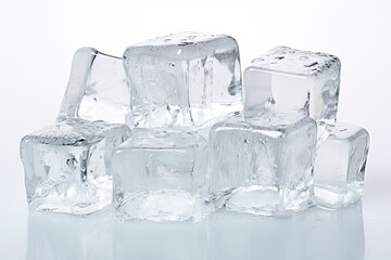 Sticker - Clear, naturally formed ice cubes are melting on a reflective white surface in the background.