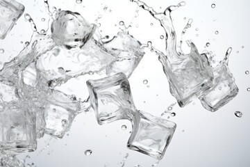 Sticker - Close-up shot of ice cubes causing a splash of water, set against a white background.