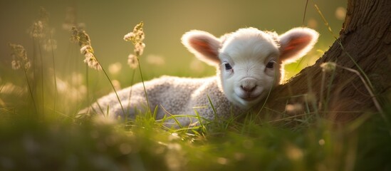 Canvas Print - A content white fawn is relaxing on the grass next to a tree in a beautiful natural landscape. Its snout is happily sniffing the groundcover in the grassland