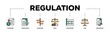 Regulation infographic icon flow process which consists of standard, compliance, guideline, rule, procedure, law and constraint icon live stroke and easy to edit 