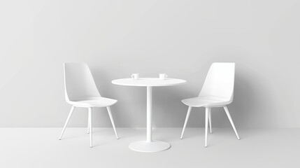 Wall Mural - Modern realistic illustration of white 3D table and chairs isolated on black background. Suitable for trade fair booths, office conference rooms, restaurants and homes.