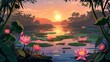 Water lilies on lake surface in shadow of jungle trees and plants at sunset in a swamp forest at sunset.