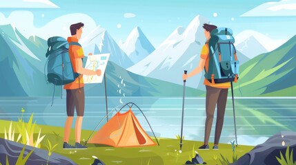 Wall Mural - Tourist with backpack and map stands by lake at foot of mountains with snowy peaks near tent with campfire in cartoon landscape with young man camping near hills.