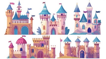 Wall Mural - A fairytale medieval castle for a fantasy kingdom. Cartoon modern illustration of a king's fortress with a princess tower. A royal building with flags on the turrets, gates, and windows.