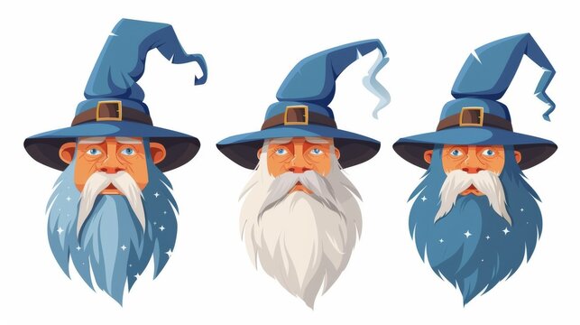 A male wizard portrait - aging sorcerer face. Cartoon modern illustration depicting three ages of a man with beard wearing a magician's hat. Yulong, adult and elderly warlocks. Life cycle of Merlin.