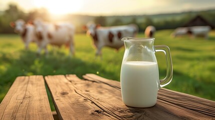 A glass pitcher of milk sits on a wooden table in front of a field of cows