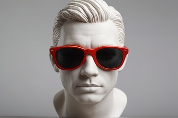 Wall Mural - Red sunglasses on sculpture bust of man over gray background