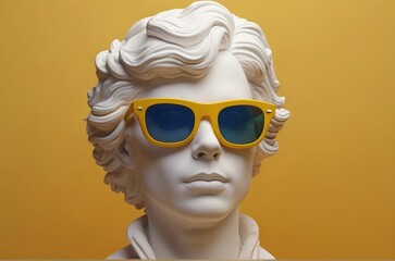 Yellow sunglasses on sculpture bust of man over yellow background