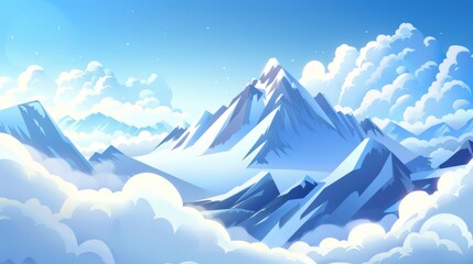 Wall Mural - Snowy stone hill tops above haze against cloudy sky during blizzard with rocky peaks. Cartoon modern of panoramic winter landscape with rock mount peaks.