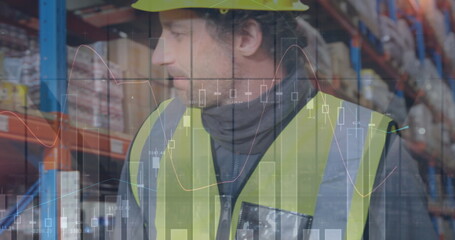 Poster - Image of statistics and financial data processing over man working in warehouse