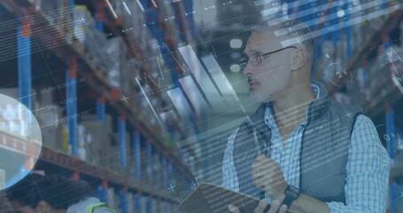 Canvas Print - Image of statistics and financial data processing over man and woman working in warehouse