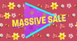 Image of massive sale text over triangle with abstract shapes and floral background