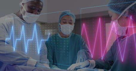 Sticker - Image of vital signs readings over diverse male and female surgeons operating on patient