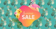 Summer sale over orange banner and flamingo against leaves on green background
