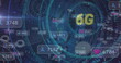 Image of 6g text, social media icons on banners over data processing and scope scanning