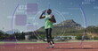 Image of digital data processing over disabled male athlete with running blades drinking water