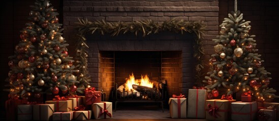 Wall Mural - glowing Christmas tree fireplace and gifts