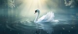 A graceful white swan gracefully glides through the liquid surface of the lake, showcasing its elegant feathered body and distinctive beak